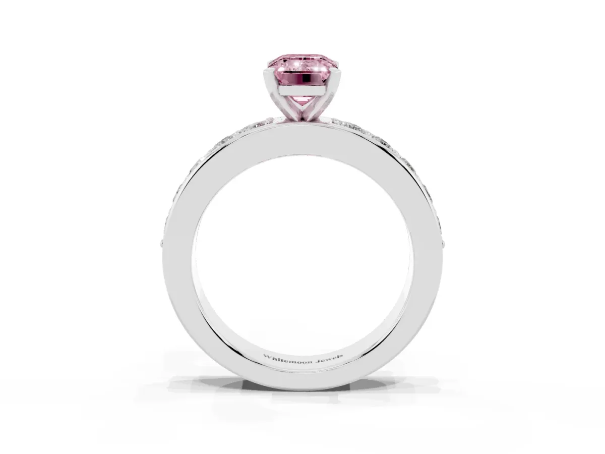 Fancy Pink Emerald Cut Diamond Engagement Ring with Channel Set Round Band and Prong Setting Platinum