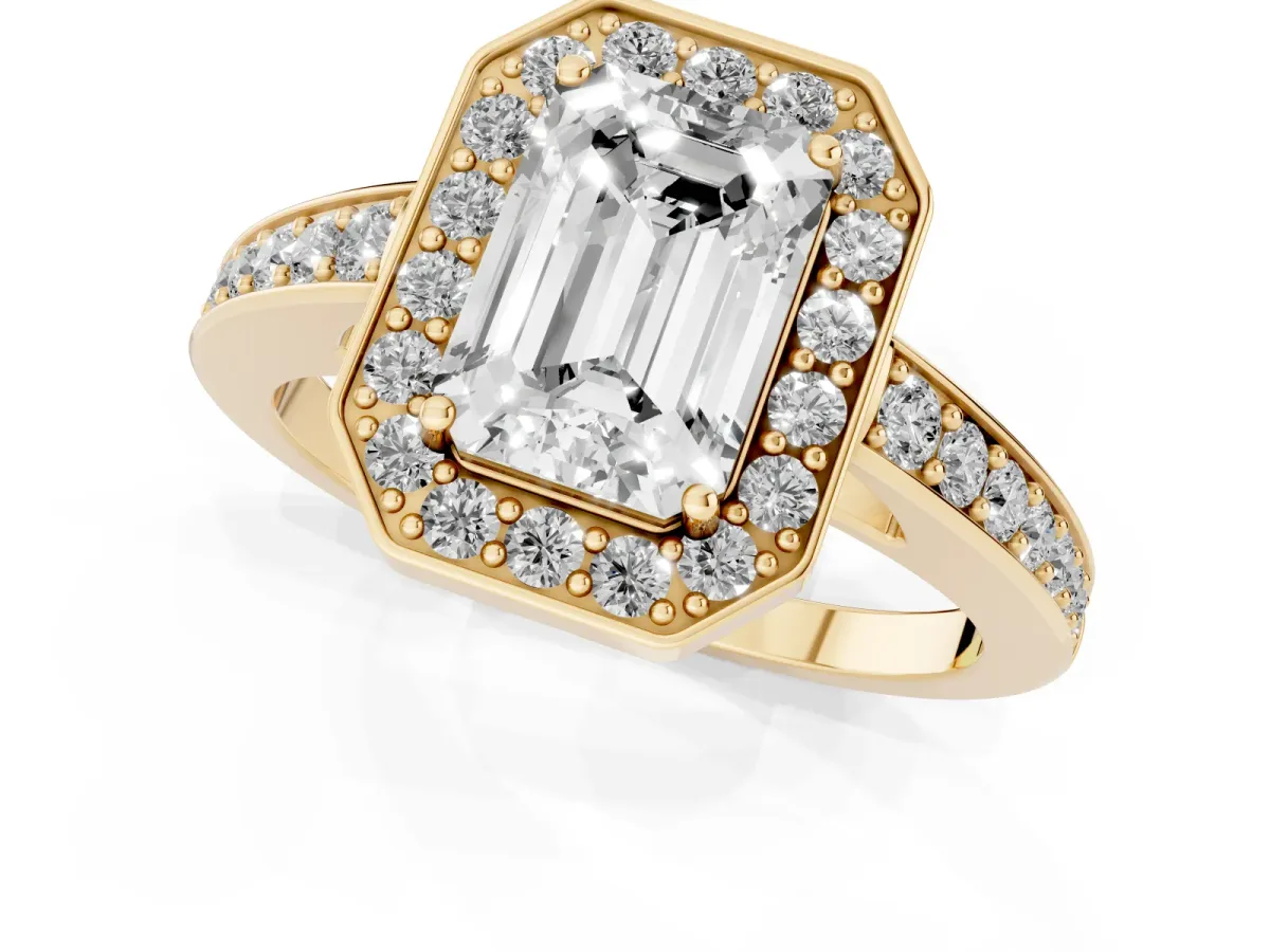 Emerald Cut Halo Pavé Diamond Engagement Ring with Bezel Setting Yellow gold