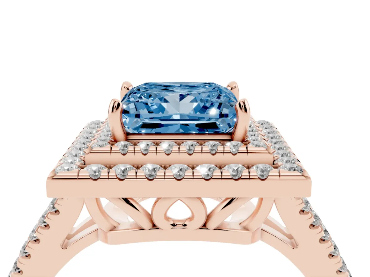 Fancy Blue Princess Cut Diamond Double Halo Ring with Pavé Band and Prong Setting Rose gold