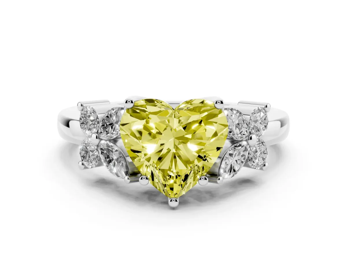 Fancy Yellow Heart Cut Diamond Floral Cluster Ring with Solitaire Band and Prong Setting Silver