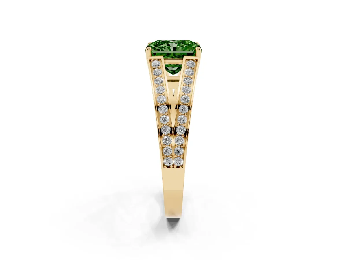 Fancy Green Radiant Cut Diamond Split Shank Ring with Pavé Band and Four-Prong Setting Yellow gold