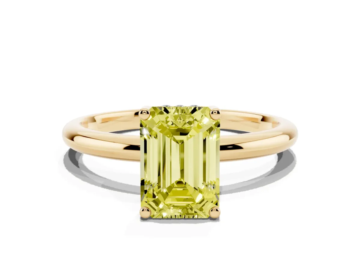 Fancy Yellow Emerald Cut Cut Solitaire Engagement Ring with Four-Prong Setting and Classic Band Yellow gold