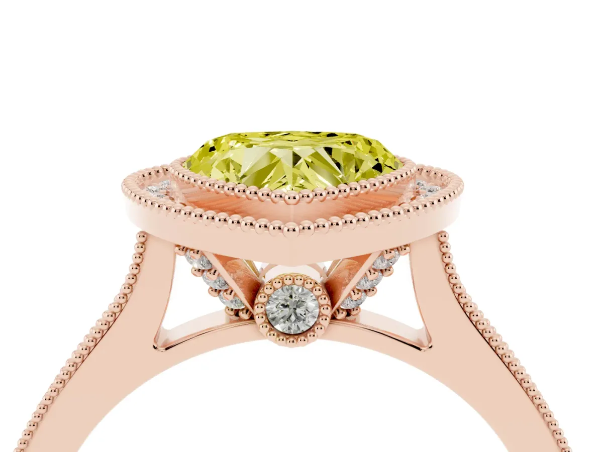 Fancy Yellow Halo Heart Cut-Cut Diamond Pave Band Milgrain Prong Setting Ring Rose gold