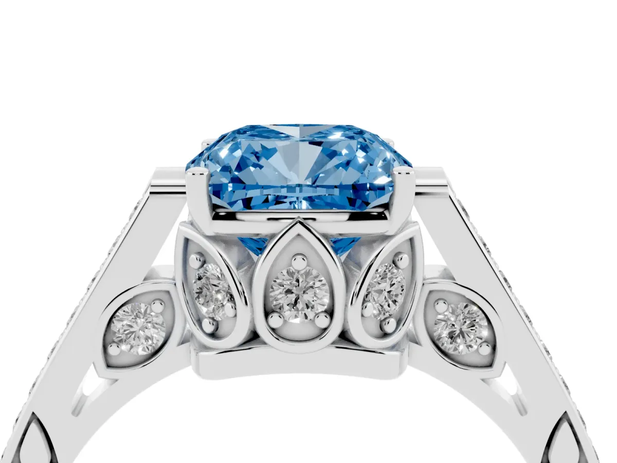 Fancy Blue Cushion Cut Cut Cathedral Pave Diamond Engagement Ring with Six-Prong Setting Silver