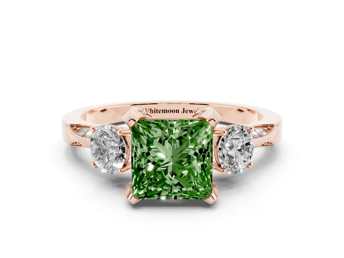 Fancy Green Princess Cut Brilliant Three-Stone Diamond Ring with Pavé Band and Four-Prong Setting Rose gold