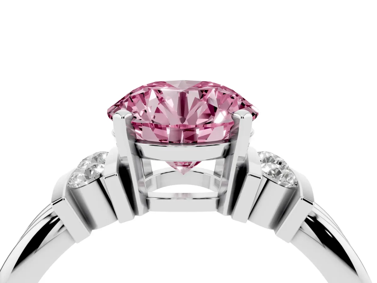 Fancy Pink Round Cut Cut Three-Stone Channel Set Ring with Bar Prongs Silver