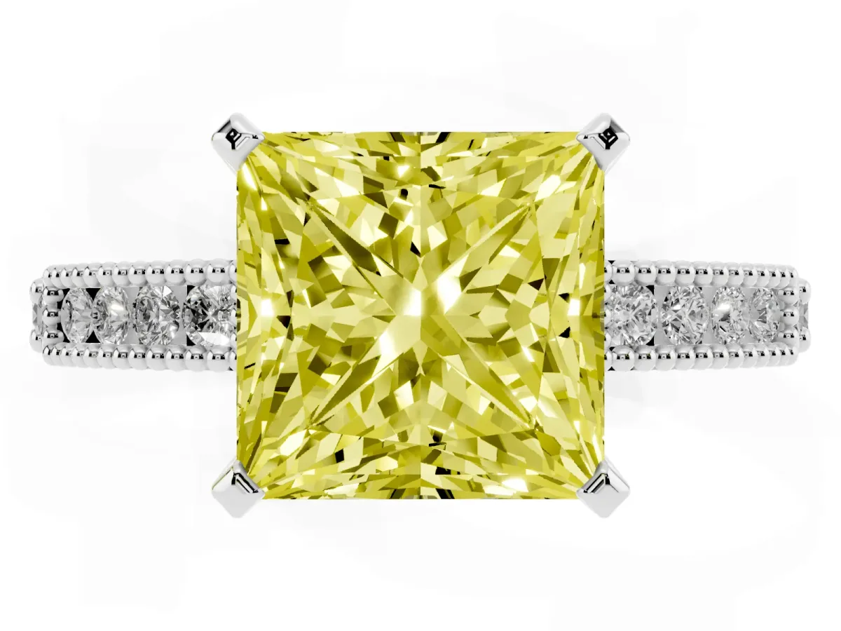 Fancy Yellow Princess Cut Solitaire with Pavé Band and Four-Prong Setting Silver