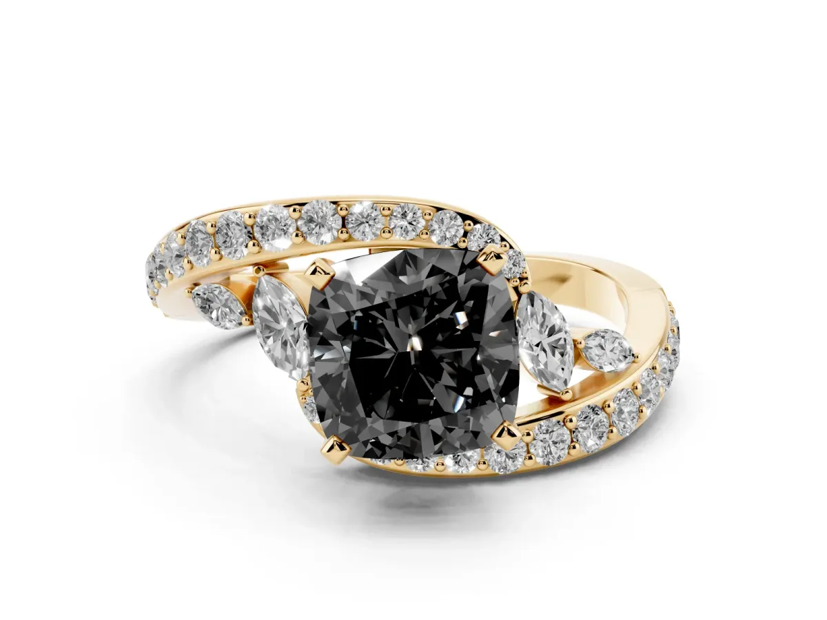 Fancy Black Cushion Cut Diamond Solitaire Ring with Filigree Band and Four-Prong Setting Yellow gold