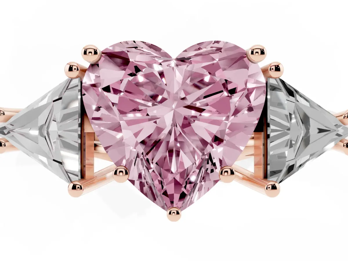 Fancy Pink Three-Stone Heart Cut Diamond Engagement Ring with Trillion Side Stones and Prong Setting Rose gold