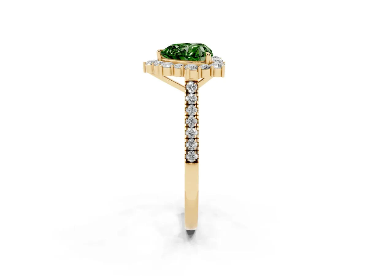 Fancy Green Heart Cut Halo Diamond Ring with Pavé Band and Prong Setting Yellow gold