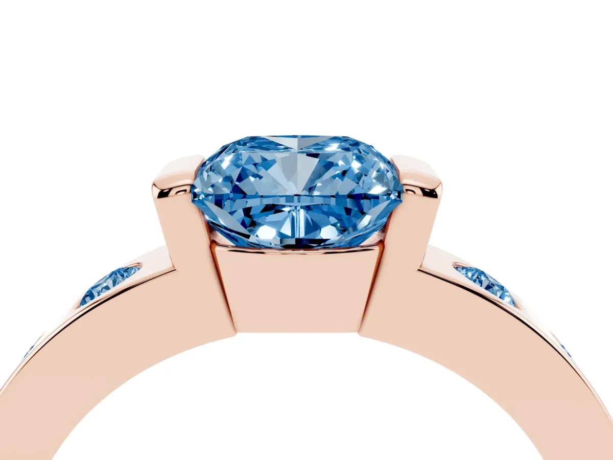 Fancy Blue Cushion Cut Brilliant Channel-Set Diamond Ring with Bezel Prong Setting Rose gold