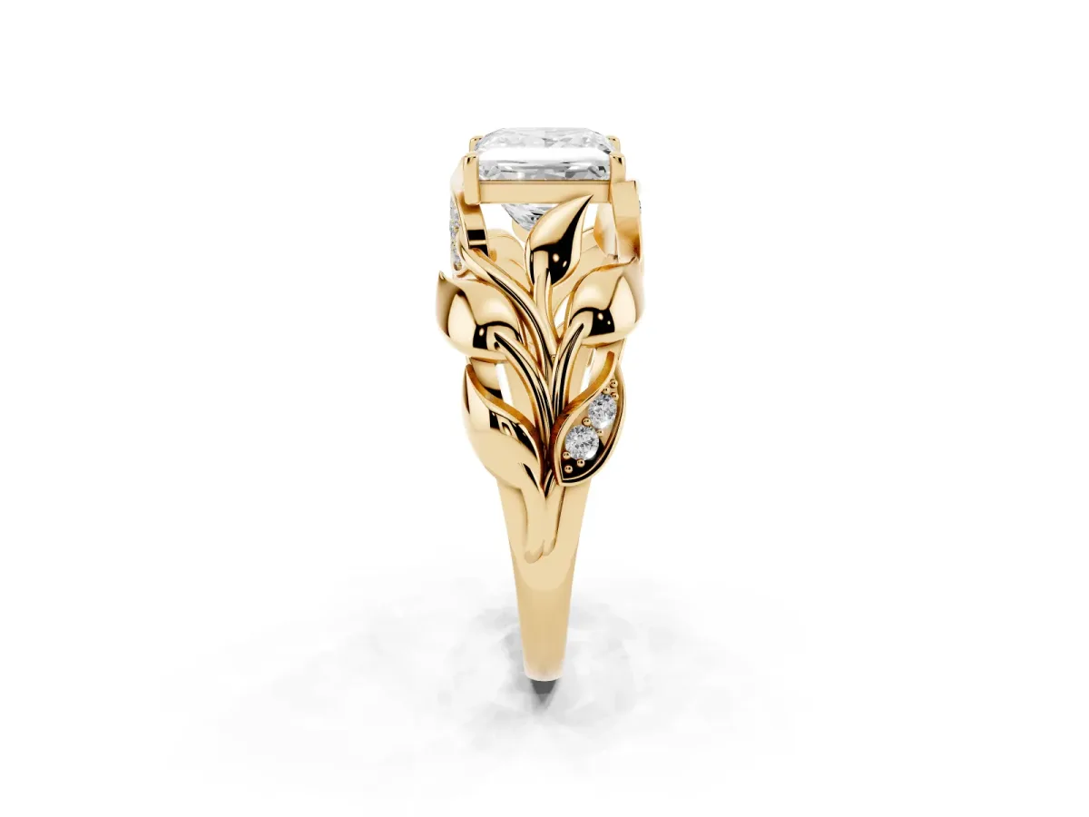 Princess Cut Diamond Leaf-Inspired Engagement Ring with Round Accents and Prong Setting Yellow gold