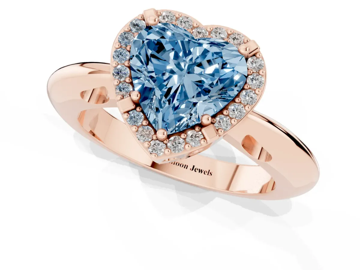 Fancy Blue Heart Cut Cut Diamond Halo Engagement Ring with Split Shank and Four-Prong Setting Rose gold