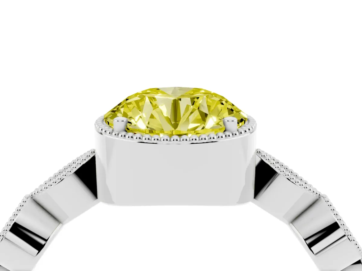 Fancy Yellow Round Cut Diamond Vintage Milgrain Ring with Round Stations Platinum