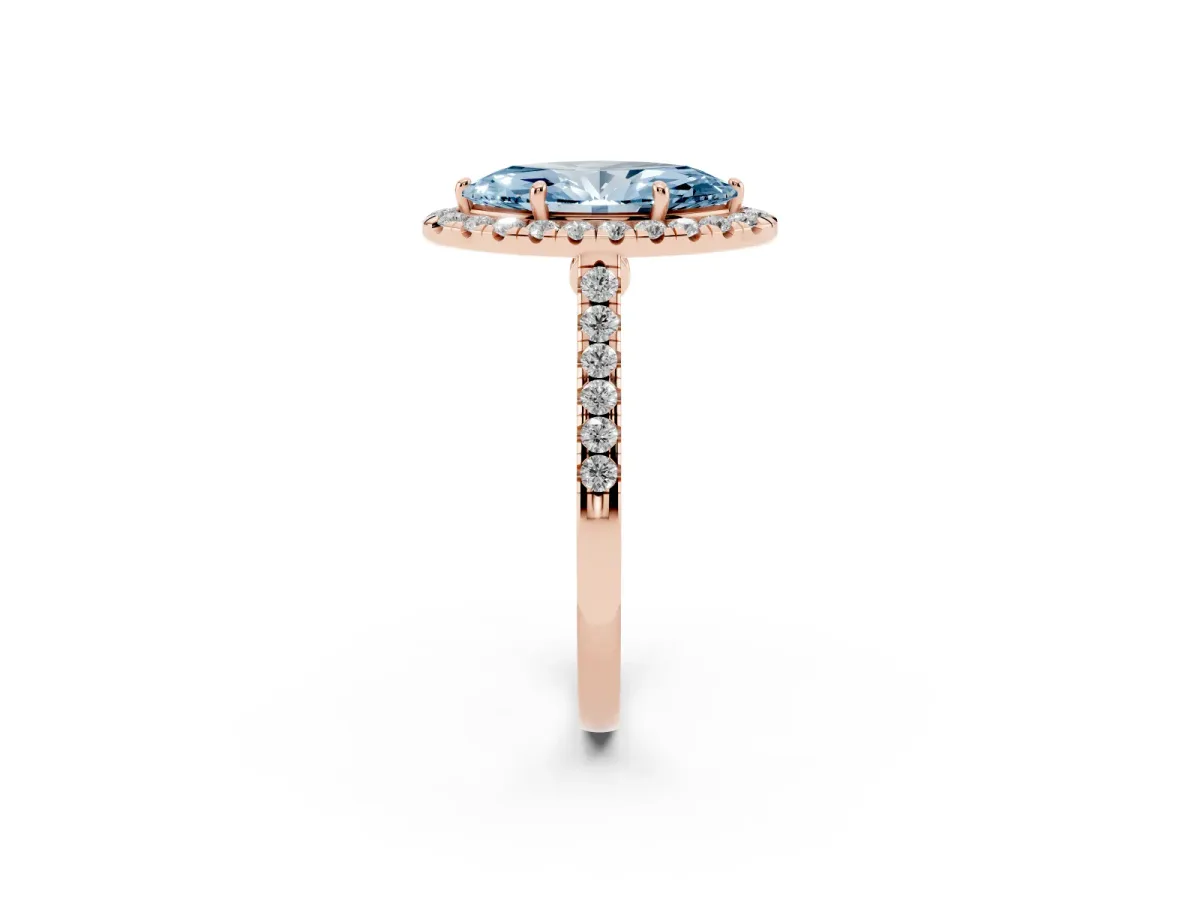 Fancy Blue Marquise Cut Halo Pave Diamond Engagement Ring with Four-Prong Setting Rose gold