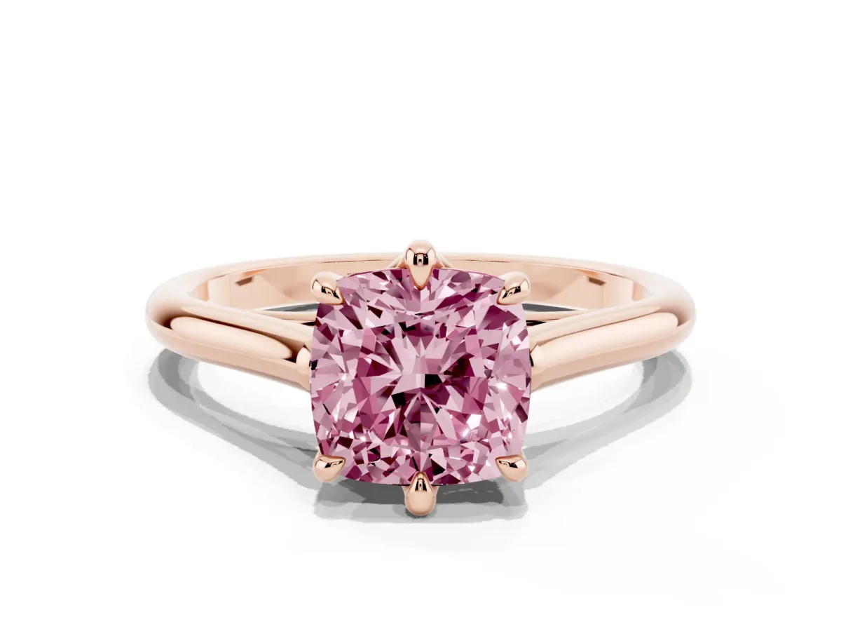 Fancy Pink Cushion Cut Solitaire Engagement Ring with Six-Prong Setting and Classic Band Rose gold