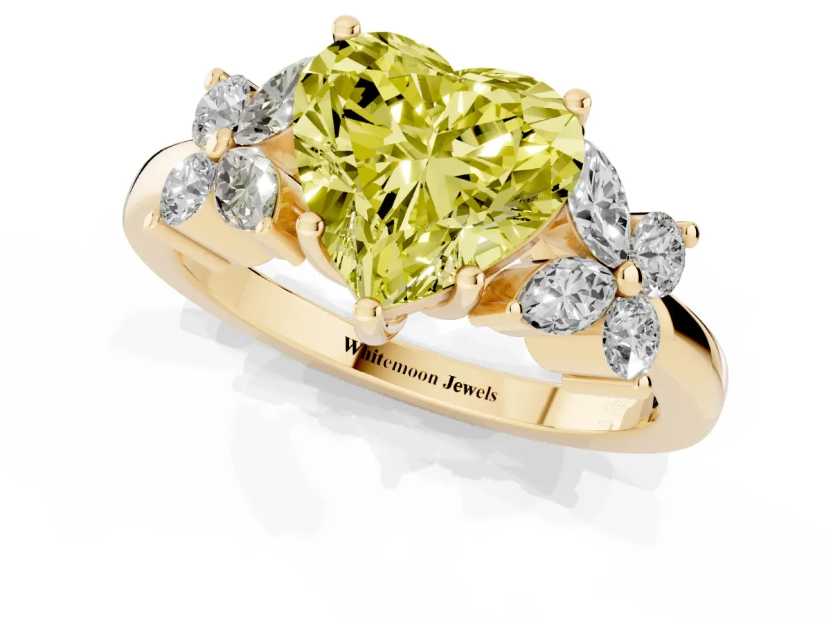 Fancy Yellow Heart Cut Diamond Floral Cluster Ring with Solitaire Band and Prong Setting Yellow gold