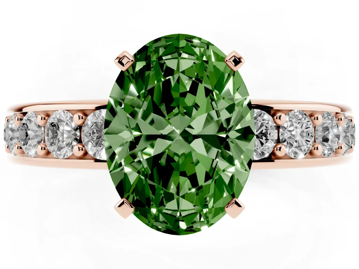 Fancy Green Oval Cut Diamond Engagement Ring with Channel Set Round Band and Prong Setting Rose gold
