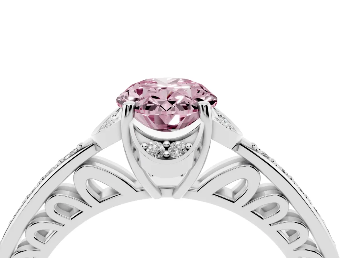 Fancy Pink Oval Cut Cut Halo Diamond Ring with Channel Set Band and Four-Prong Setting Silver