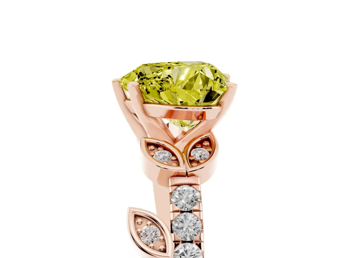 Fancy Yellow Heart Cut Solitaire Leaf-Inspired Diamond Ring with Pavé Band and Four-Prong Setting Rose gold