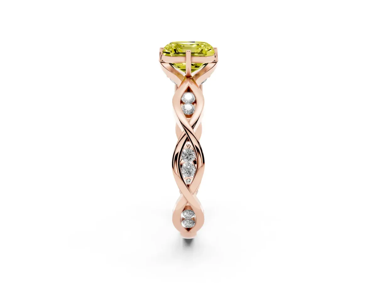 Fancy Yellow Asscher Cut Solitaire Twist Band with Leaf Prong Setting Rose gold