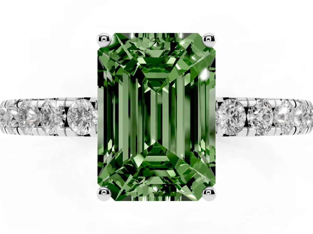Fancy Green Emerald Cut Diamond Pavé Solitaire Engagement Ring with Four-Prong Setting Platinum