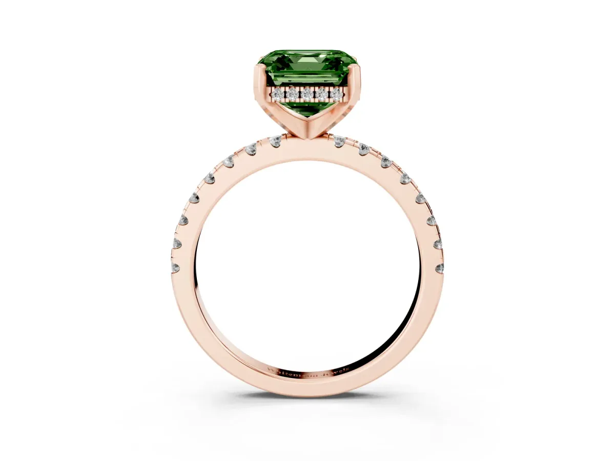 Fancy Green Asscher Cut Diamond Solitaire Ring with Round Pavé Band and Four-Prong Setting Rose gold