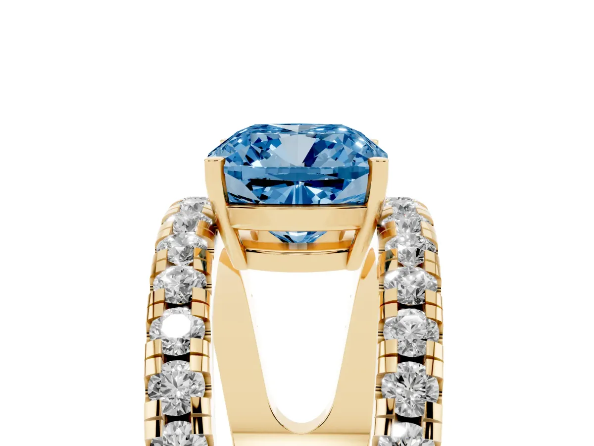 Fancy Blue Cushion Cut Solitaire Split Shank Pave Diamond Ring Yellow gold