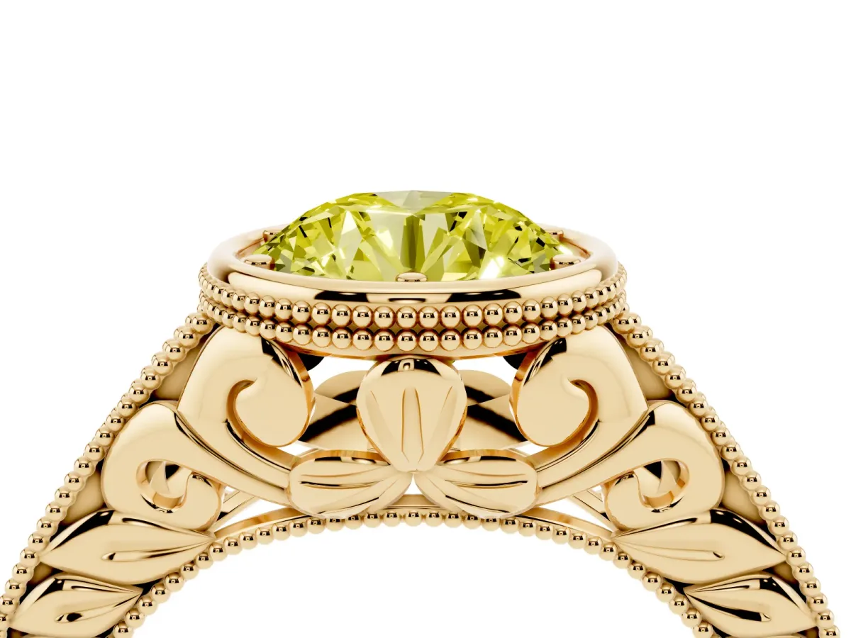 Fancy Yellow Bezel Set Round Cut Diamond Milgrain Pave Engagement Ring Yellow gold