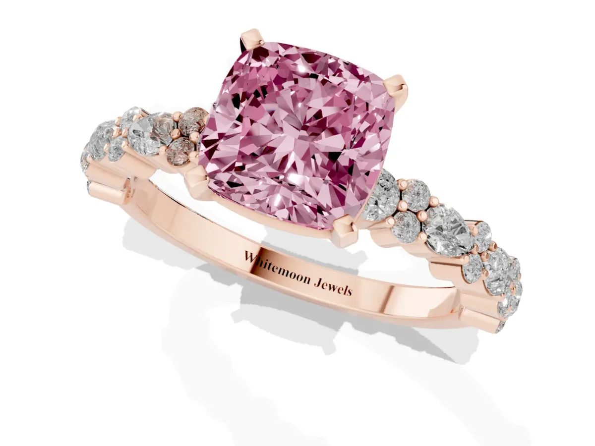 Fancy Pink Cushion Cut Diamond Side Stone Solitaire Ring with Round and Four-Prong Setting Rose gold