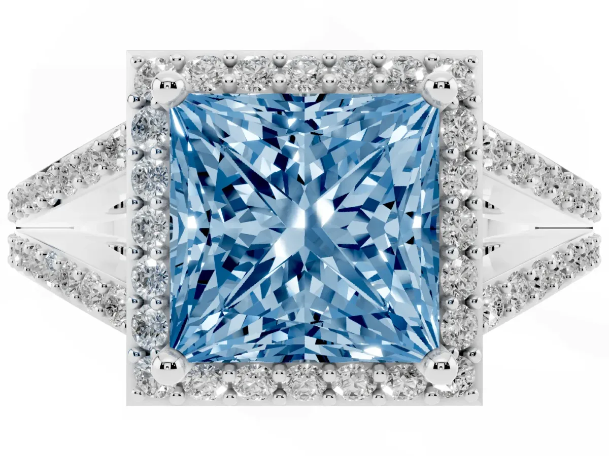 Fancy Blue Princess Cut Halo Split Shank Pave Diamond Ring with Four-Prong Setting Silver