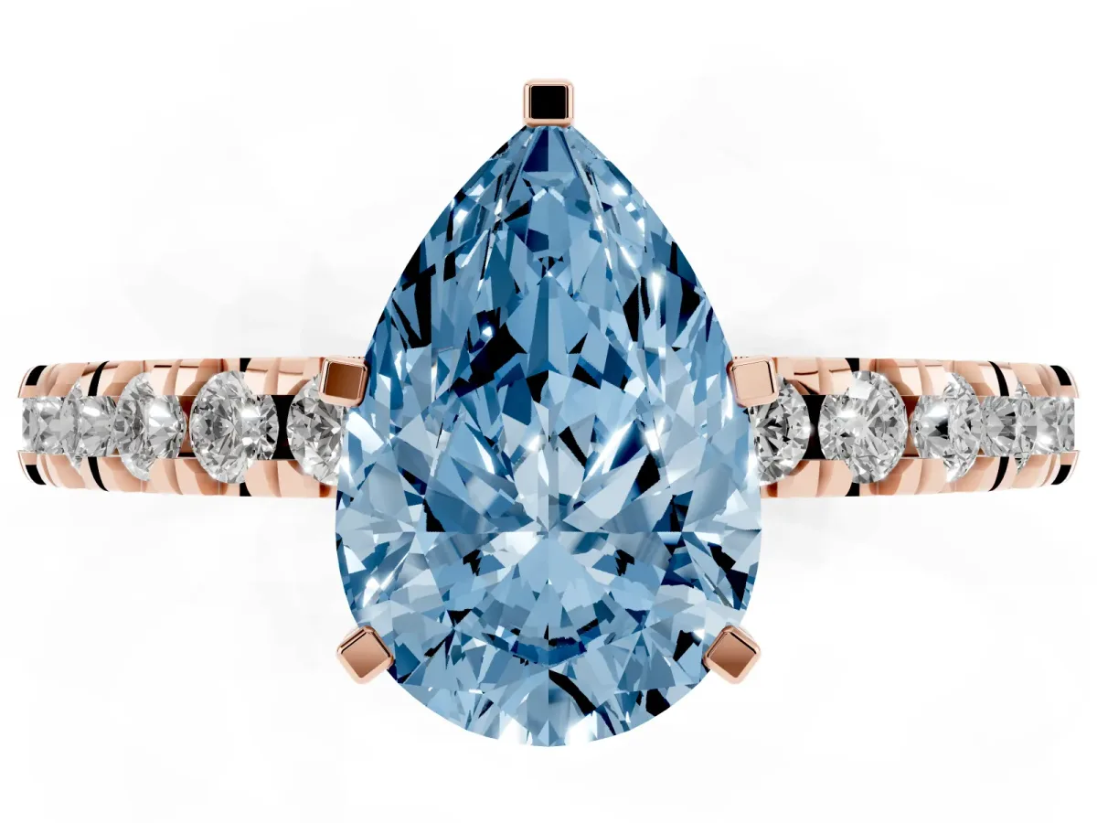 Fancy Blue Pear Cut Diamond Pavé Band Solitaire with Four-Prong Setting Rose gold
