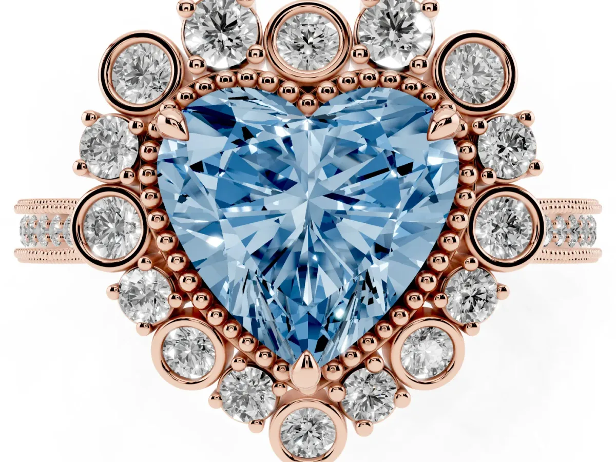 Fancy Blue Heart Cut Halo Milgrain Pave Diamond Ring with Four-Prong Setting Rose gold