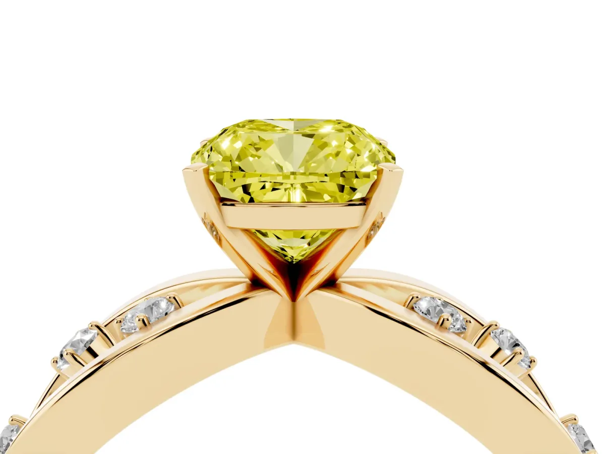 Fancy Yellow Cushion Cut Cut Solitaire Diamond with Side Stones on Criss-Cross Band and Four-Prong Setting Yellow gold