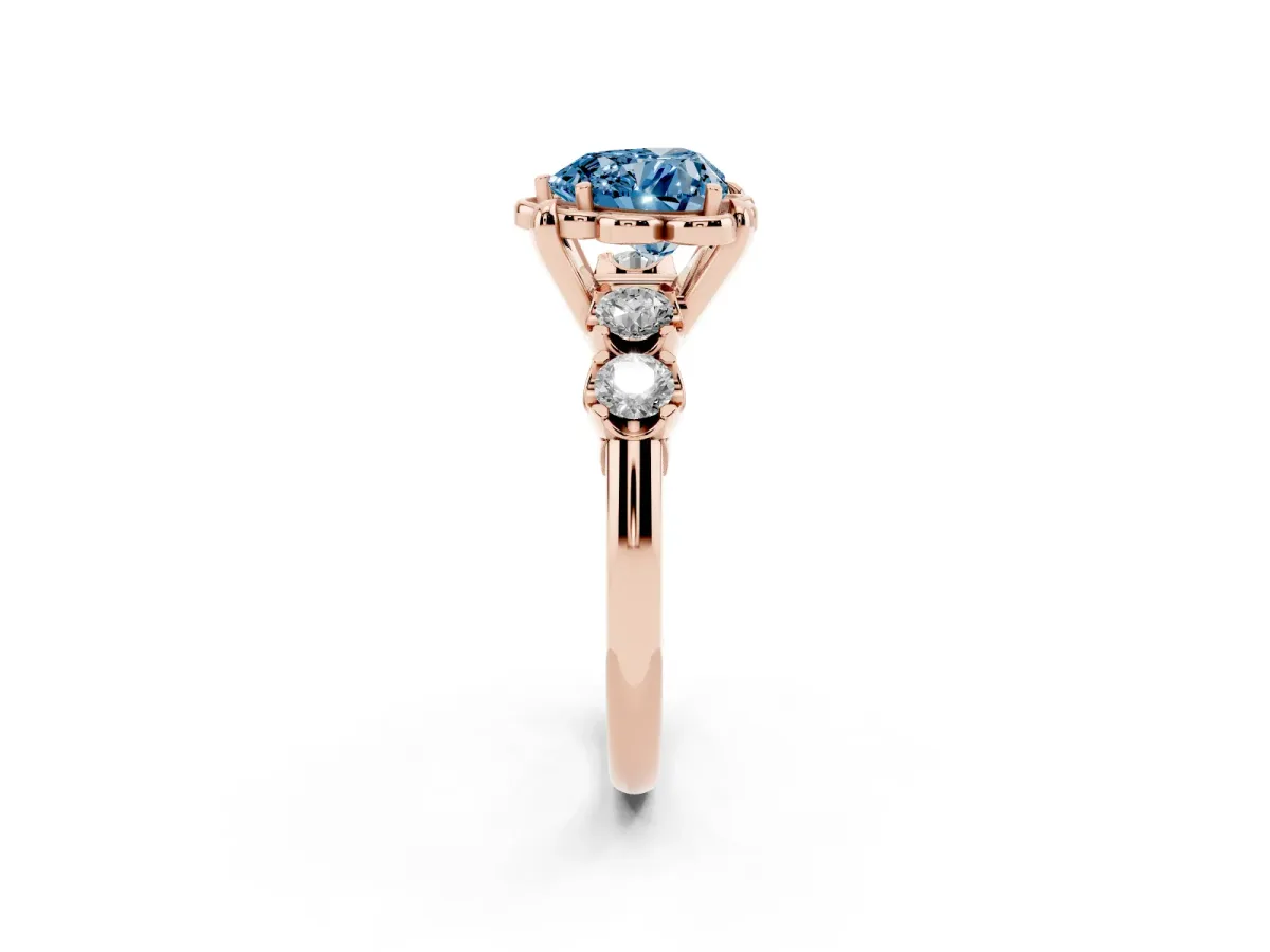 Fancy Blue Heart Cut Cut Diamond Floral Halo Engagement Ring with Shared Prong Setting Rose gold