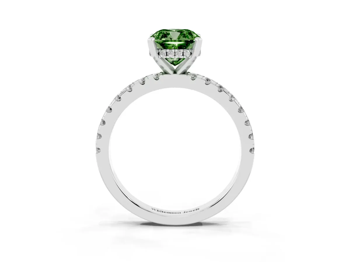 Fancy Green Cushion Cut Diamond Solitaire Ring with Round Pavé Band and Four-Prong Setting Silver