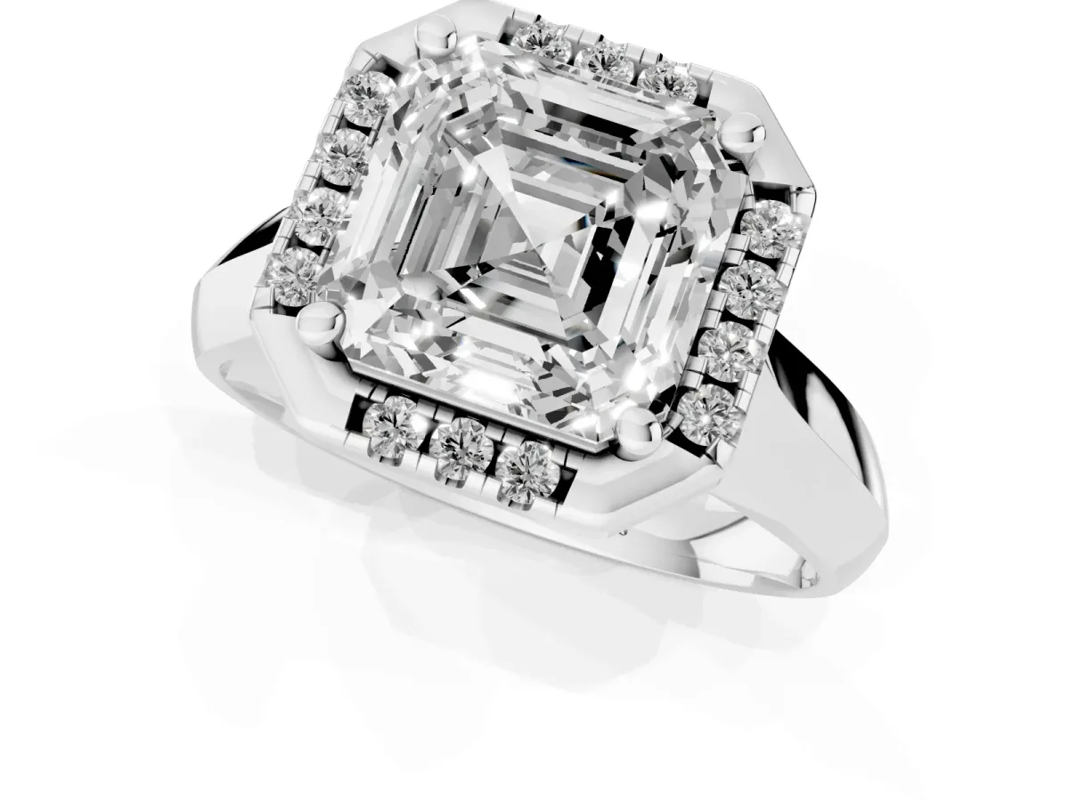 Asscher Cut Cut Halo Solitaire Engagement Ring with Square Band and Four-Prong Setting White gold