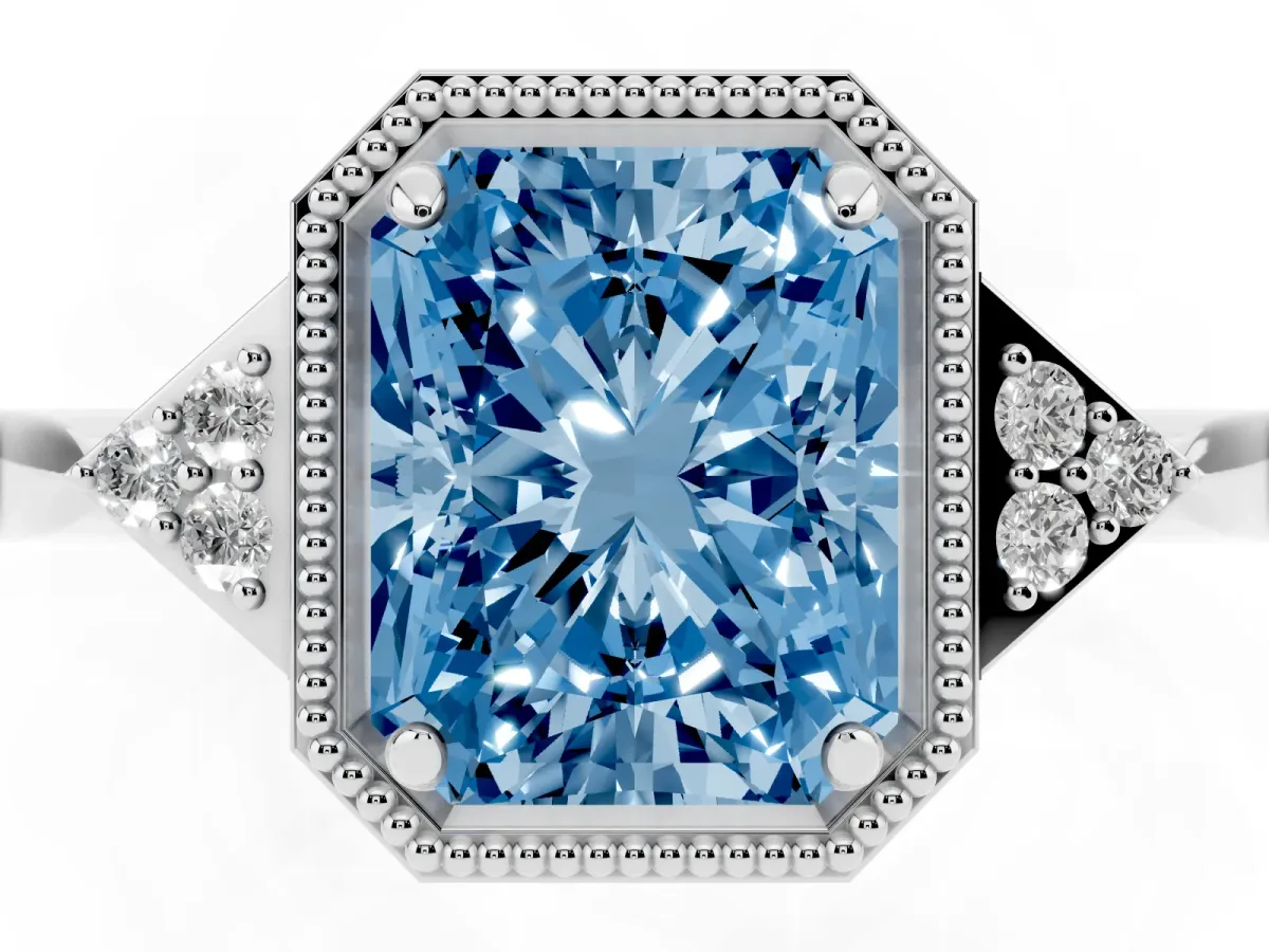 Fancy Blue Hexagonal Halo Radiant Cut Diamond Solitaire with Pavé Band and Four-Prong Setting Silver