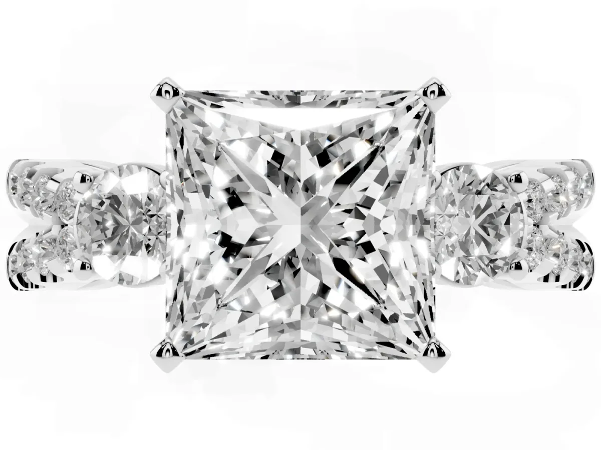 Princess Cut Diamond Three-Stone Ring with Pavé Split Shank and Four-Prong Setting Silver