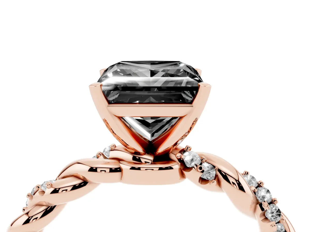 Fancy Black Princess Cut Diamond Solitaire Ring with Twisted Band and Pavé Accents Rose gold