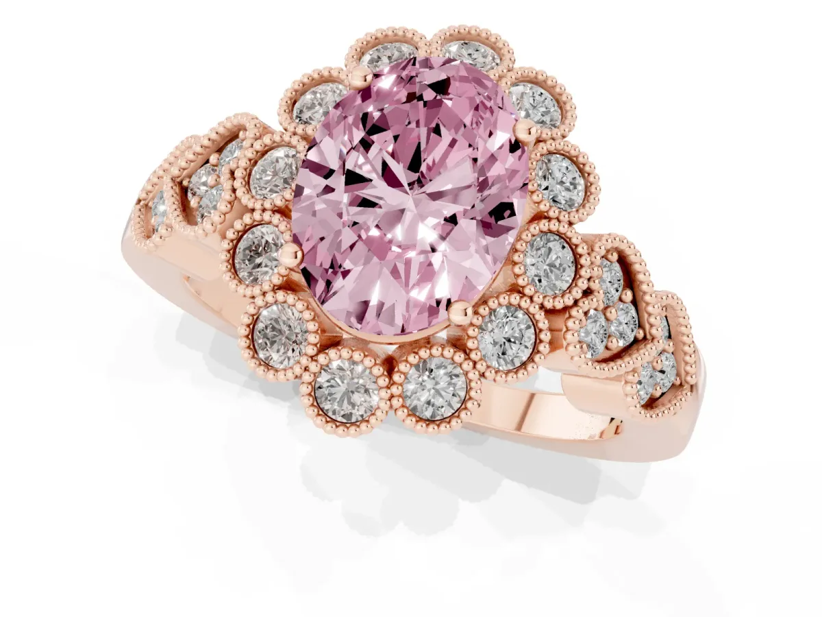 Fancy Pink Oval Cut Brilliant Milgrain Pave Heart Band Solitaire Ring Rose gold