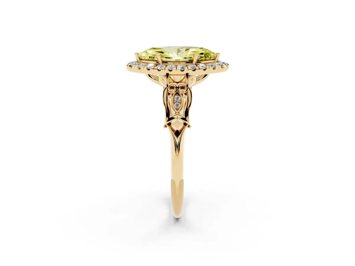 Fancy Yellow Marquise Cut Halo Diamond Engagement Ring with Filigree Band and Four-Prong Setting Yellow gold