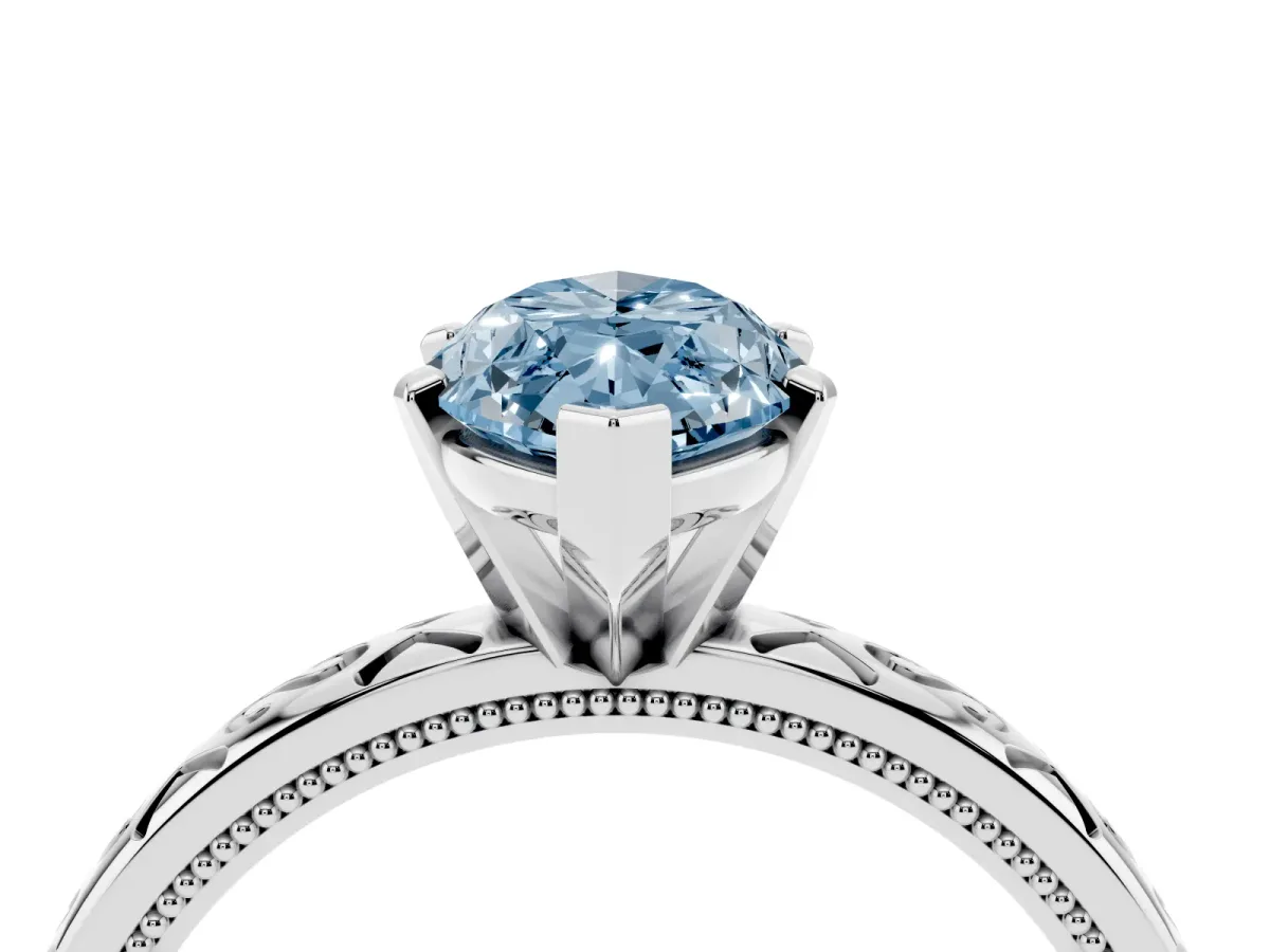 Fancy Blue Marquise Cut Solitaire Engagement Ring with Scrollwork Band and Four-Prong Setting Silver