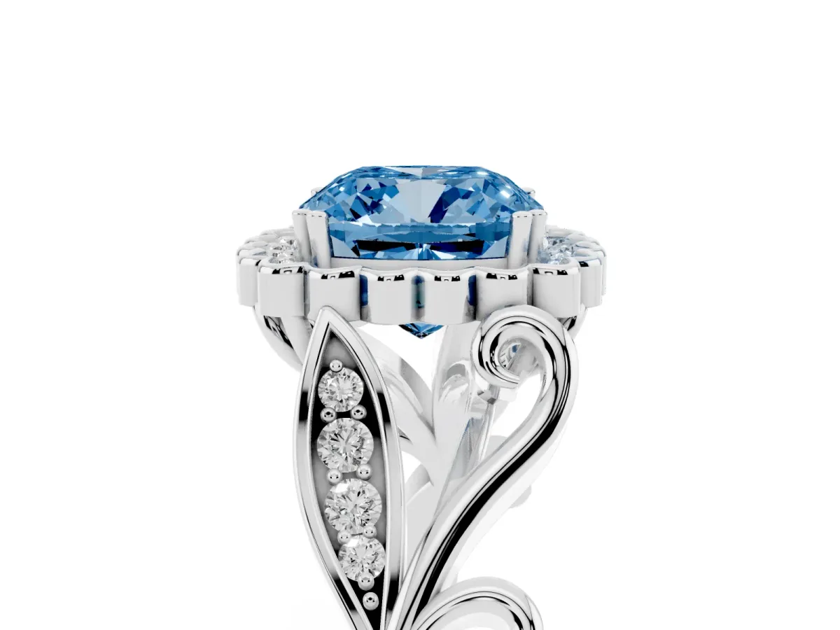 Fancy Blue Cushion Cut Diamond Halo Ring with Vintage Split Shank and Four-Prong Setting Silver