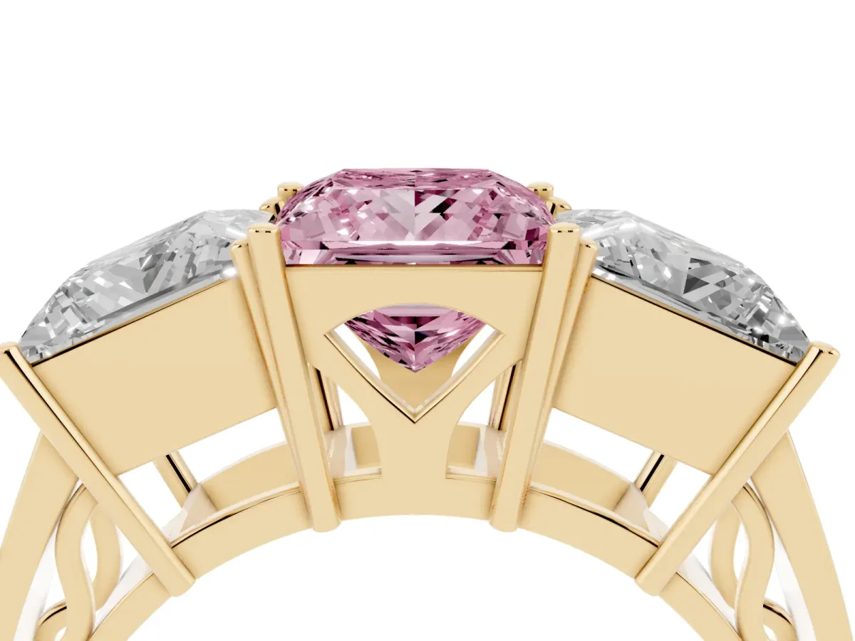 Fancy Pink Princess Cut Diamond Three-Stone Ring with Prong Setting and Textured Band Yellow gold