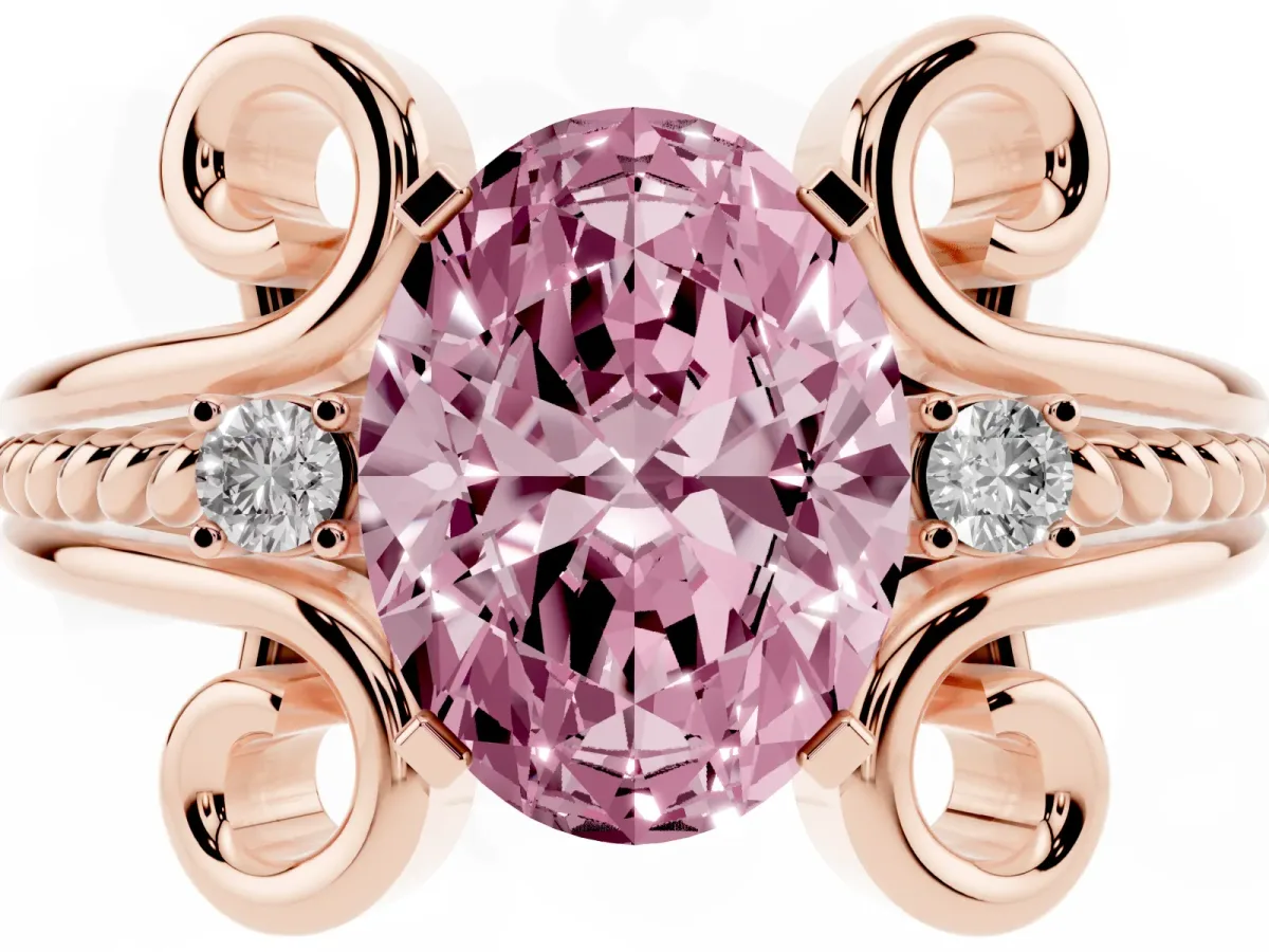 Fancy Pink Oval Cut Solitaire Twisted Band Scroll Prong Ring Rose gold