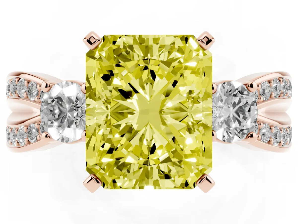 Fancy Yellow Three-Stone Radiant Cut Cut Diamond Twist Band with Prong Setting Rose gold