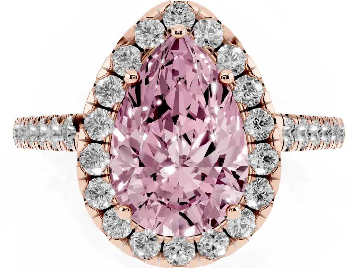 Fancy Pink Pear Cut Halo Pave Diamond Engagement Ring with Four-Prong Setting Rose gold