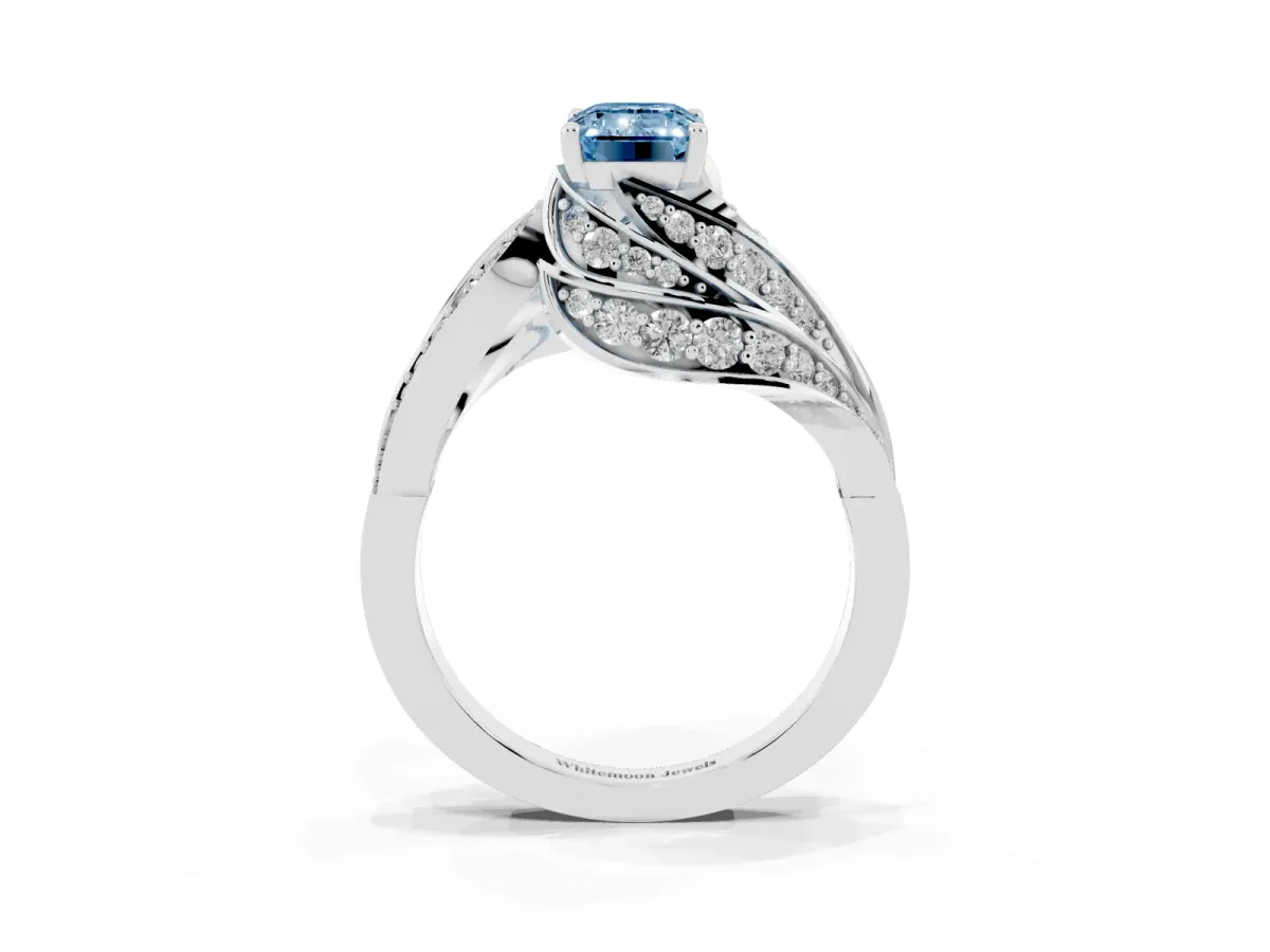 Fancy Blue Emerald Cut Diamond Solitaire Ring with Prong Setting and Twisted Pavé Band Platinum