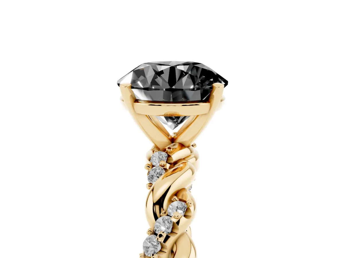 Fancy Black Round Cut Diamond Solitaire Ring with Twisted Band and Pavé Accents Yellow gold